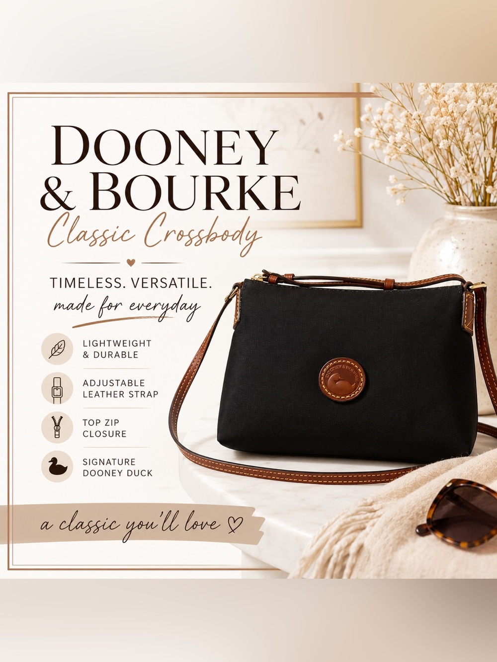 Dooney & Bourke Black Nylon Crossbody Bag Brown Leather Trim Adjustable Strap